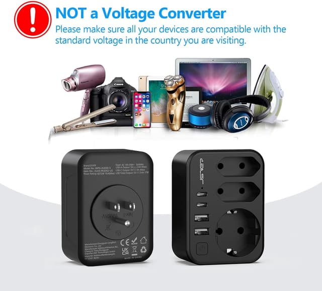 Thumbnail 6 de Adaptateur de voyage JSVER 7 en 1 France vers États-Unis/Canada avec 4 ports USB et 2 prises Type B (noir)