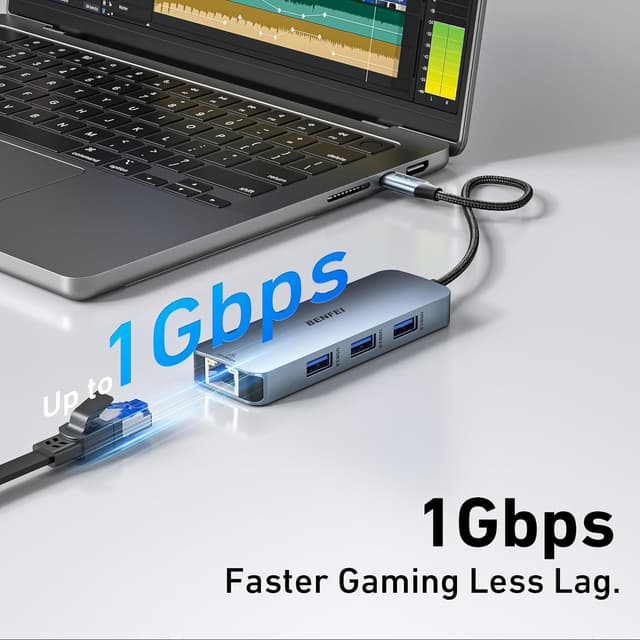 Detalle de BENFEI 6in1 USB‑C Hub mit HDMI (4K@60Hz), Gigabit Ethernet und 100W PD – 3× USB‑A (5 Gbps)