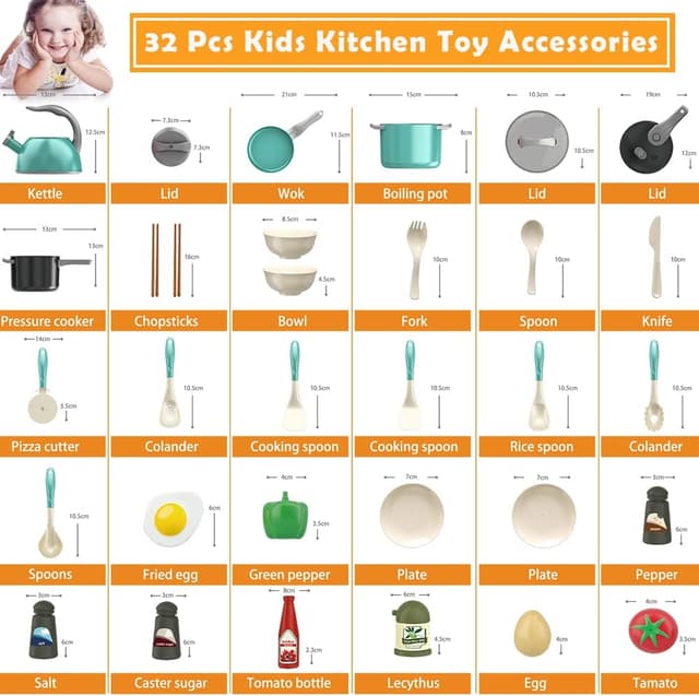 Detalle de Bruvoalon 32-Piece Kids Play Kitchen Toys Set (Toddlers Pretend Cooking Set) – Green