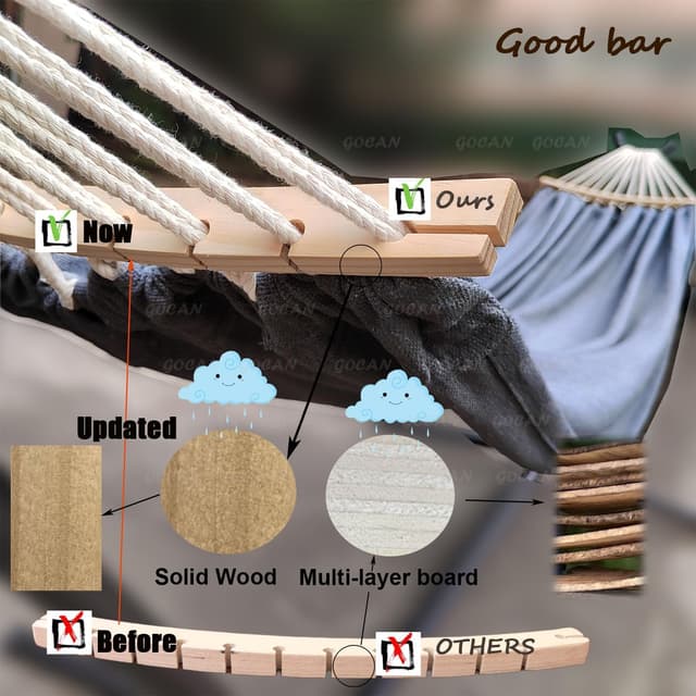 Detalle de GOCAN Hängematte für 2 Personen 220×150 cm mit abnehmbarem Spreizstab (Gesamtlänge 330 cm) – Outdoor & Indoor, bis 300 kg