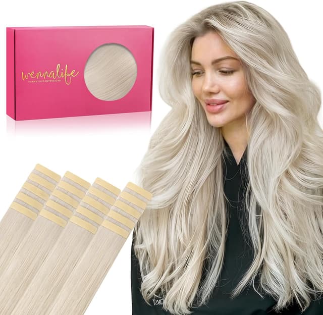 Detalle de WENNALIFE Extension Capelli Veri Biadesive Remy biondo platino, 20 pezzi (20pz) da 40 cm