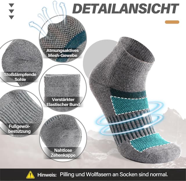 Detalle de MOSEY KOSY Merino Kurz Viertellänge Wandersocken – 6 Paar Thermo-Sneaker-Socken für Herren & Damen