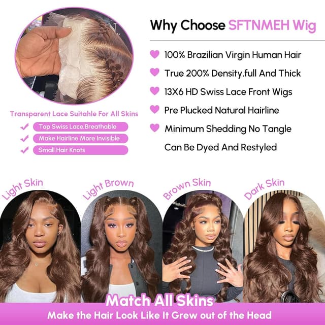 Detalle 2 de SFTNMEH 30 Inch Chocolate Brown Lace Front Wig with 200 Density