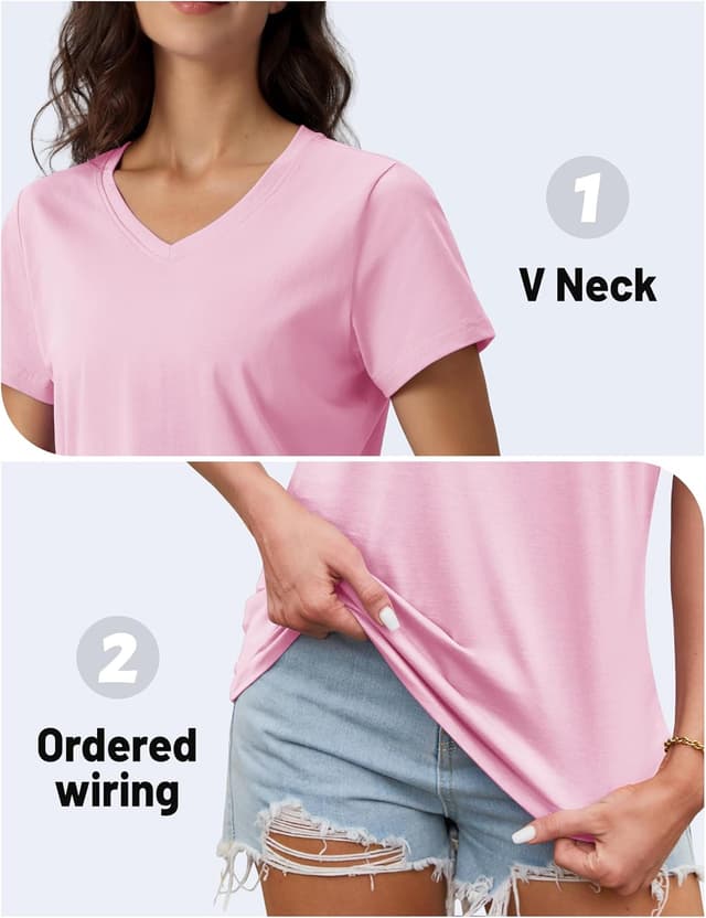 Detalle de TACVASEN Camiseta de algodón para mujer con cuello pico en V (rosa claro), manga corta y corte regular