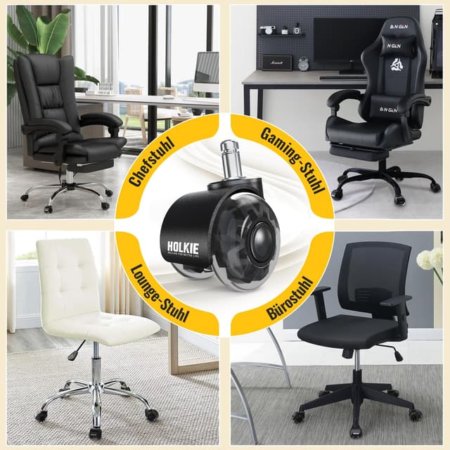 Thumbnail 6 de HOLKIE Bürostuhl Rollen Set (5er) mit Doppelrädern, 11 mm Schaft, schwarz – leises Gleiten für harte Böden