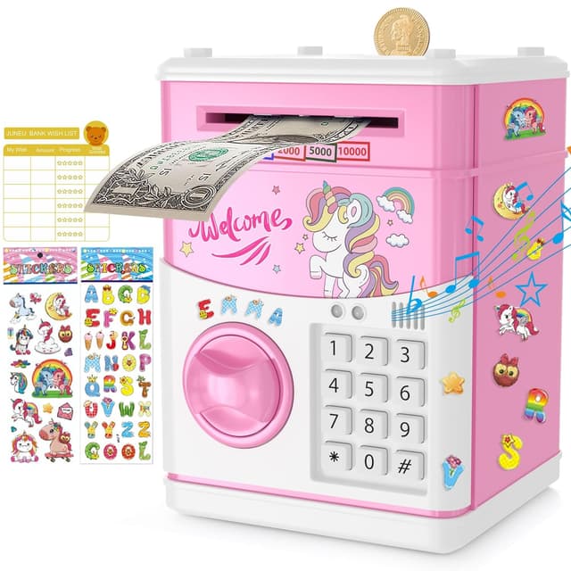 Detalle de JUNEU Unicorn Electronic Piggy Bank for Kids (Music, Money Rolling, Password Protection)