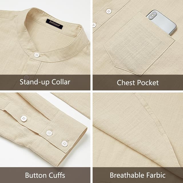 Detalle de Enlision Herren Baumwolle-Leinenhemd Langarm im Regular Fit – atmungsaktiv, mit Brusttasche