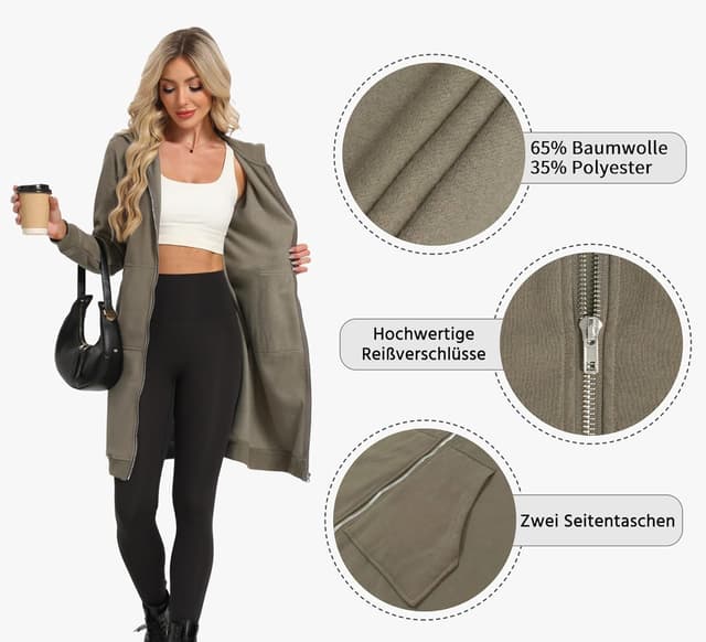 Detalle de Timuspo veste à capuche longue pour femme, coton-polyester, zippée avec poches