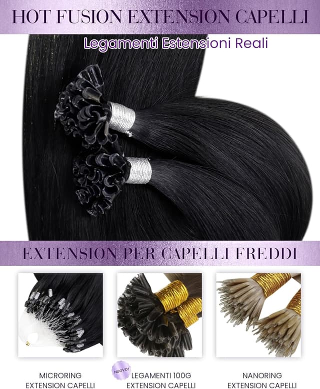 Thumbnail 6 de LaaVoo Extension Capelli Veri in Cheratina Nero Jet 45 cm (50 g, 50 ciocche) – Tip a U pre-bonded