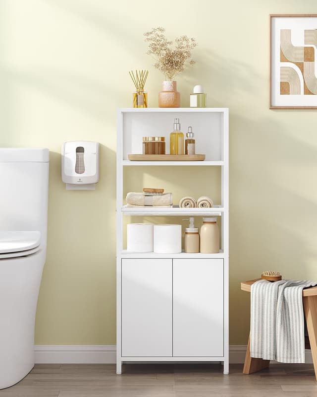 Thumbnail 6 de Hzuaneri meuble de salle de bain blanc avec 2 portes, étagère ouverte et plateau métallique aéré (20 x 38 x 90 cm) BC42903WV1