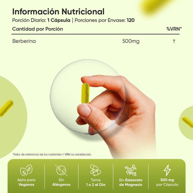 Detalle 2 de Berberina 500mg - Suplemento Keto Vegano 🌱 120 Cápsulas
