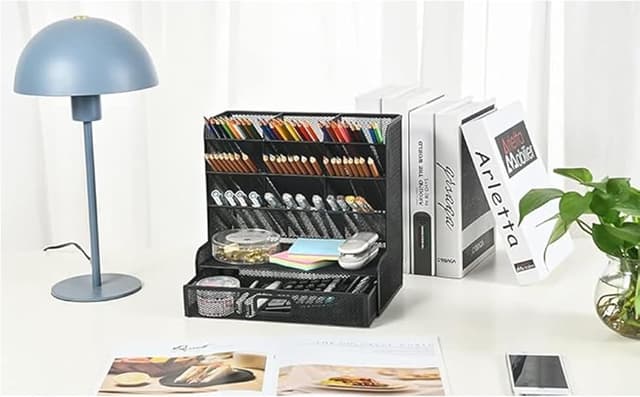 Detalle de Marbrasse Mesh Desk Organiser with Drawer (9 Compartments) for Pens, Stationery & Small Supplies