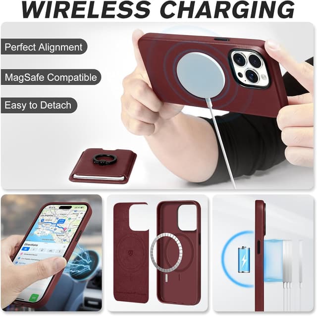 Detalle de SHIELDON Hülle für iPhone 15 Pro (6,1") mit Kartenhalter aus Echtleder – 2-in-1 mit Ring und kabellosem Laden, Weinrot