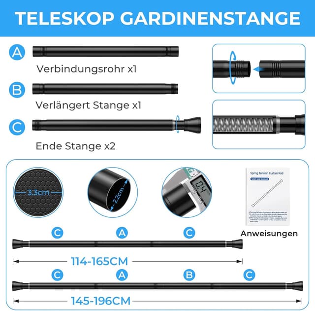 Detalle 2 de Zipglo Teleskop-Duschvorhangstange ohne Bohren (113–196 cm) in Schwarz – Spannstange für Bad, Küche & mehr