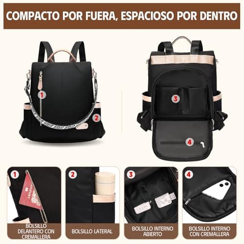 Detalle de ONETOALL Bolso Mochila Mujer antirrobo impermeable convertible con bolsillos RFID (negro)