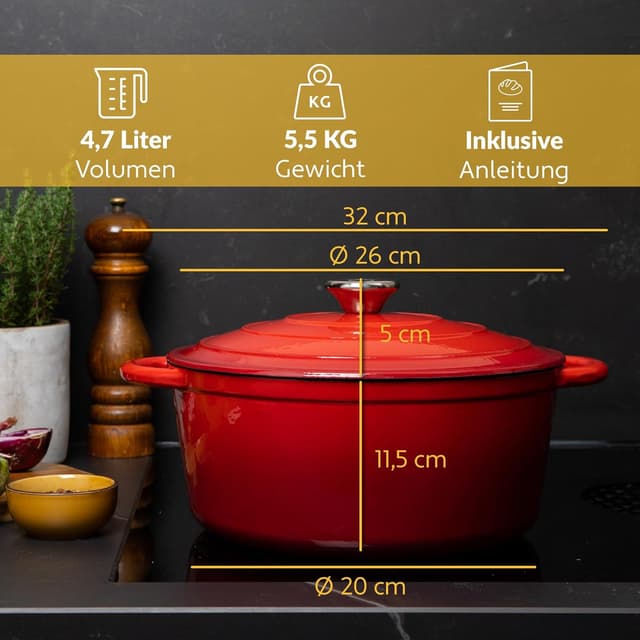 Detalle de Gusseisen Topf 26 cm (4,7 L) emailliert – Schmortopf mit Deckel, induktionsgeeignet