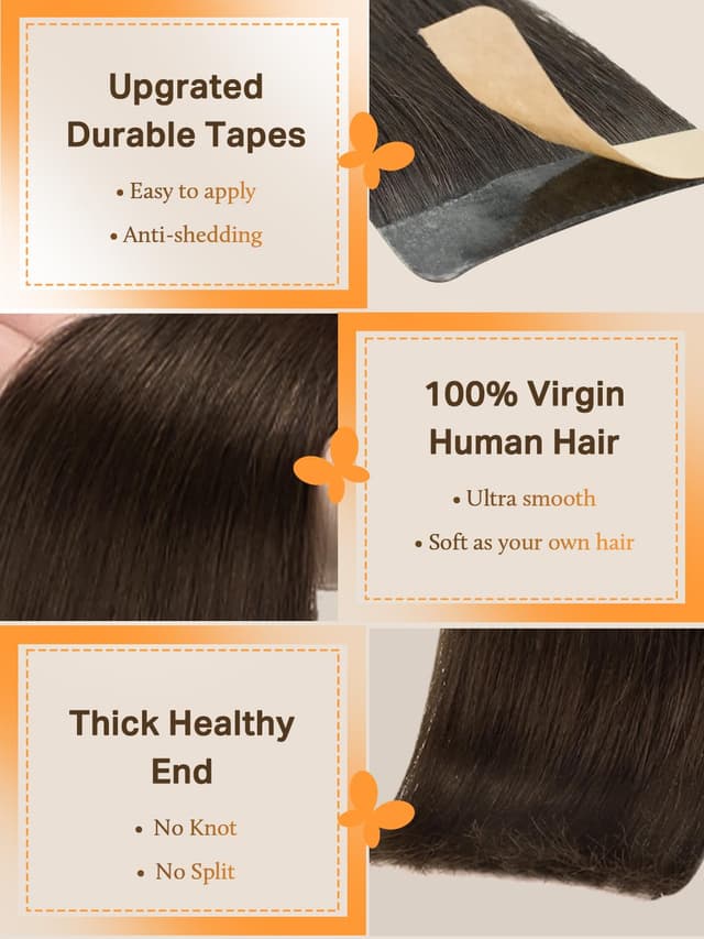 Detalle de DOORES 14-Inch Tape-In Hair Extensions (Real Remy Human Hair), Chocolate Brown, 100g/40pcs
