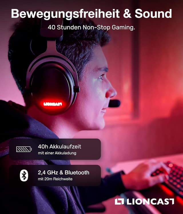 Detalle de Lioncast LX80 Wireless Gaming-Headset mit Mikrofon (40 Std. Akku) für PS5, Xbox & Switch