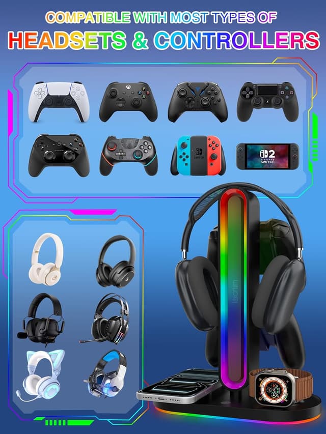 Detalle de RGB Headset Stand with Wireless Charger (8-in-1 Charging Station) with 20W PD Adapter