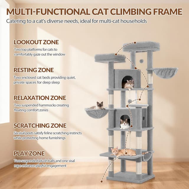 Detalle 2 de Fobyfurny Albero tiragraffi per gatti 175 cm con tiragraffi, amaca, cestini e 2 comodi condomìni (grigio chiaro) FPMS006FG1