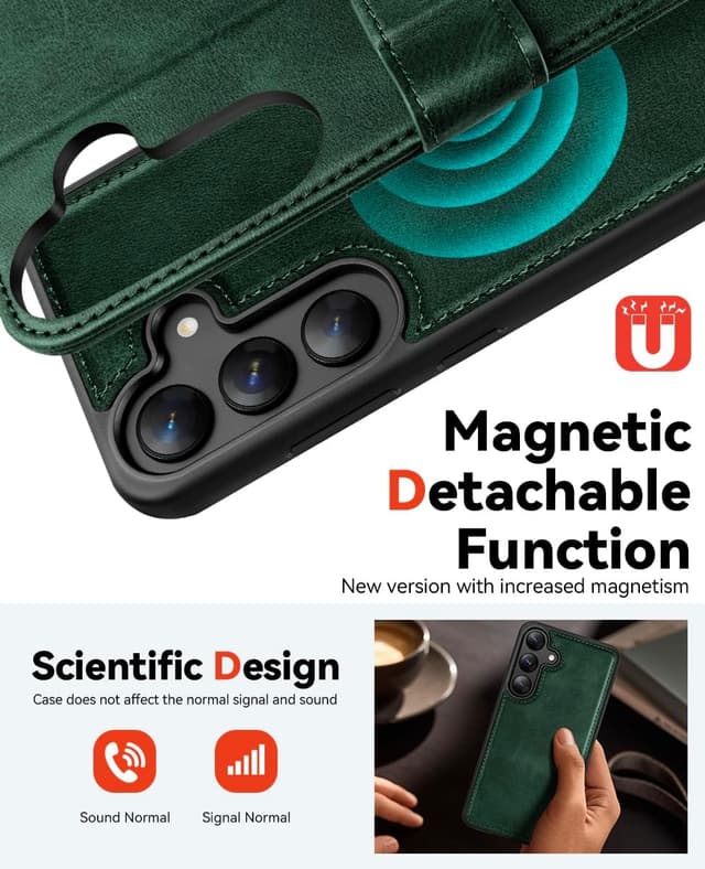 Detalle de OCASE 2in1 Hülle für Samsung Galaxy S25 Plus (abnehmbare magnetische Hülle) – RFID-Kartenfach, kabelloses Laden, dunkelgrün