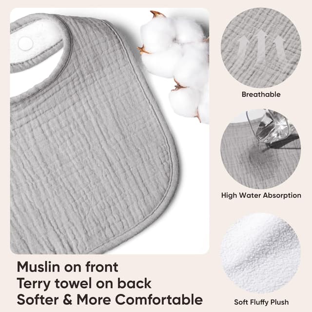 Thumbnail 6 de bearmoss Muslin Baby Dribble Bibs (100% Cotton) – 8-Pack Adjustable Bandana Bibs for Drool & Teething