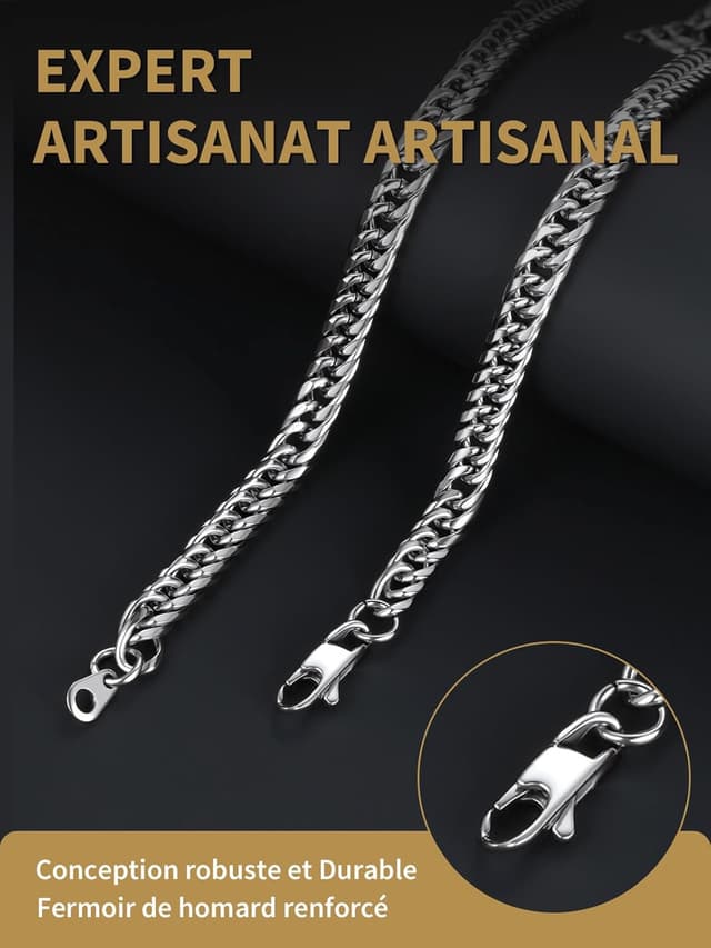 Detalle de FindChic Collier homme cubaine en acier inoxydable 316L, largeurs 3/6/9/12 mm, longueurs 46 à 76 cm