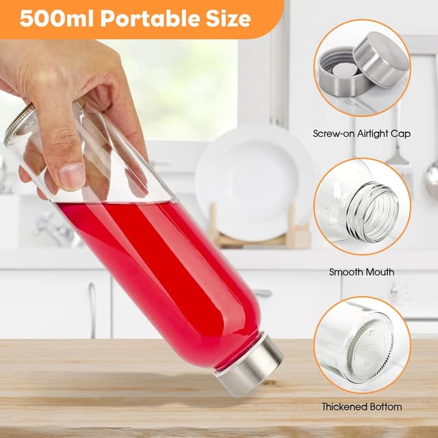 Detalle de ZhouZGlass 500ml Glass Juice Bottles (Set of 6) with Stainless Steel Airtight Lids