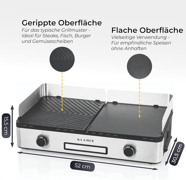 Detalle de KLAMER Elektrogrill mit Duo-Platten, abnehmbaren Platten & separater Temperatureinstellung