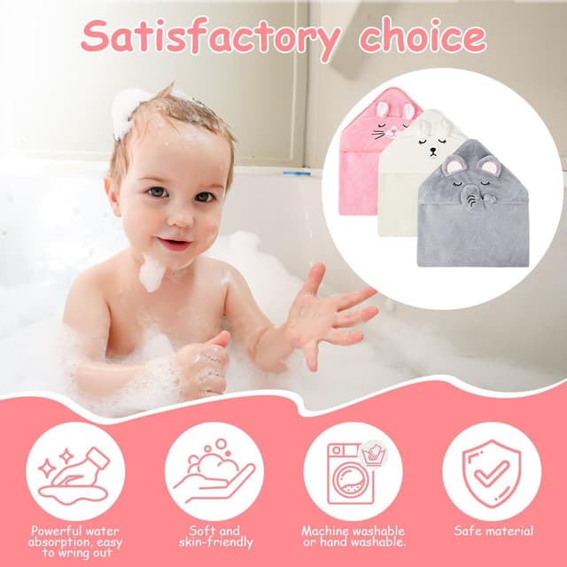 Detalle de Aolso Cape de bain bébé à capuche 3 pièces 80 x 80 cm (corail) Éléphant gris + Chaton rose + Ours blanc