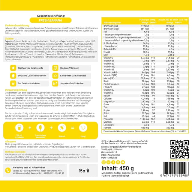 Detalle de VitalBody+ DailyShake Fresh Banana (450 g) – vegetarischer Mahlzeitenersatz zum Abnehmen, 250 kcal pro Shake