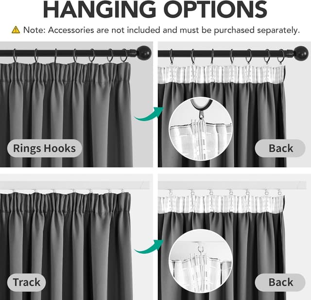 Detalle de Deconovo Verdunkelungs-Gardinen mit Kräuselband Thermogardine, 245 x 200 cm, Dunkelgrau (1 Stück)