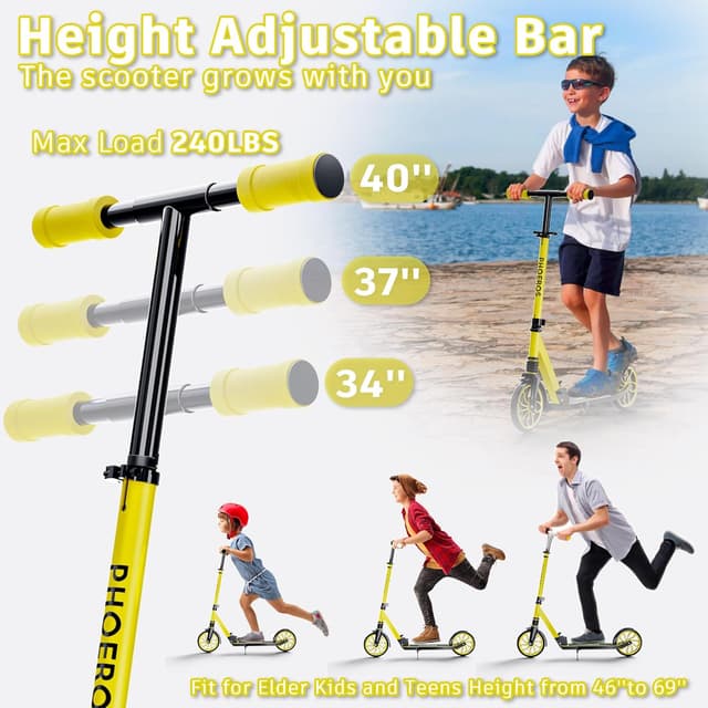 Detalle de PHOEROS Tretroller für Kinder 6–12 Jahre, Jugendliche & Erwachsene – faltbar, 3-fach höhenverstellbar mit Stoßdämpfung