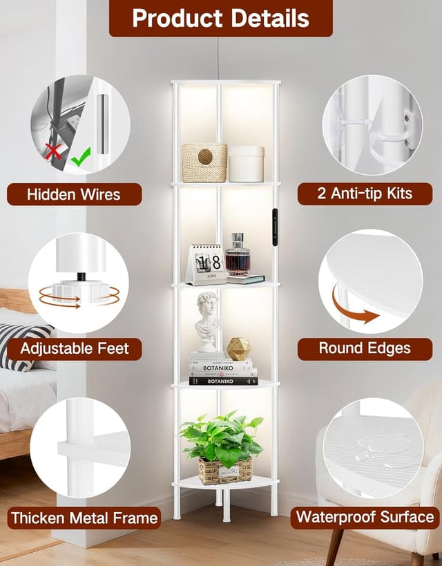 Detalle 2 de OUTONLIFE 5 Tier Corner Floor Lamp with Shelves (LED, Touch & Remote, Dimmable, White)