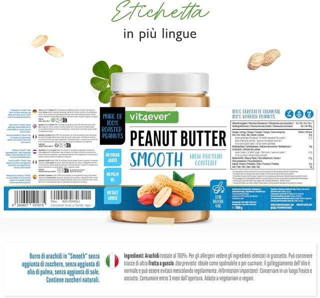 Detalle de Vit4ever Burro di Arachidi Liscio Naturale 1 kg – senza additivi, senza sale aggiunto, vegan