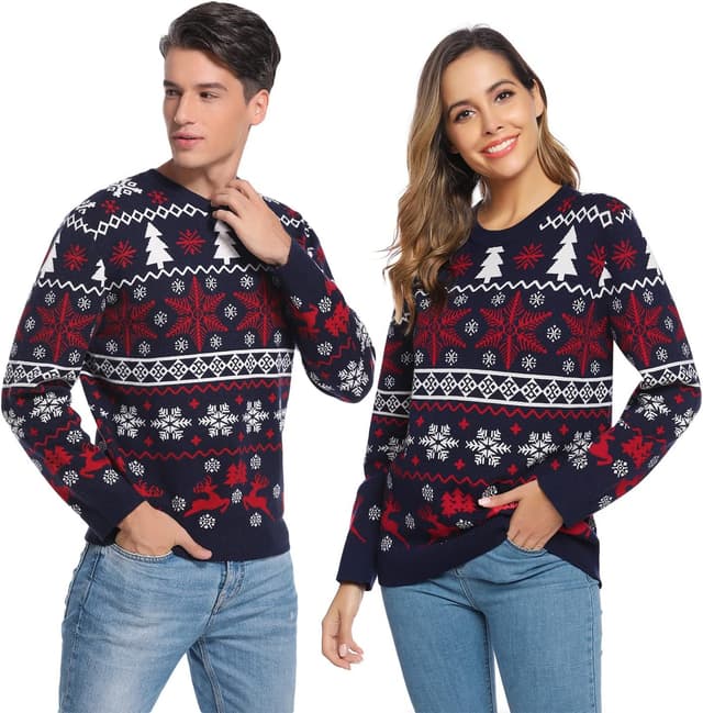 Detalle de Litherday Pull de Noël unisexe en tricot épais à col rond imprimé flocons, renne et sapin