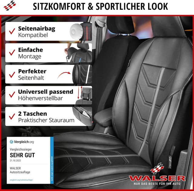 Detalle de Walser Premium Sitzauflage Auto Kimi für Vordersitze – Sitzschoner schwarz/grau mit Seitenairbag-Eignung