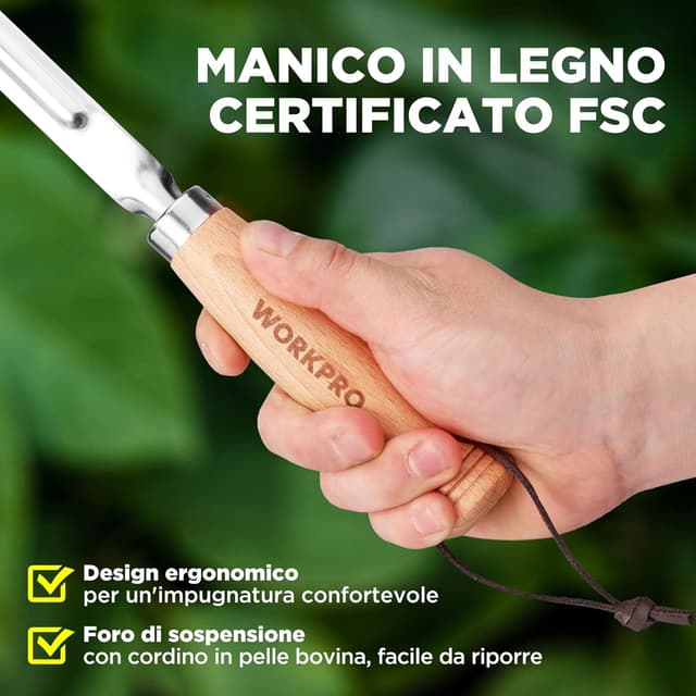 Detalle de WORKPRO 12” Estirpatore Erbacce Manuale in INOX con manico in legno e spatola a L per fughe, vialetti e muschio