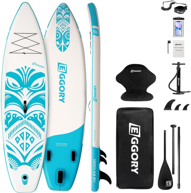 Detalle de EGGORY Inflatable Paddle Board Set (Extra Wide SUP) with Removable Fin, Pump & Waterproof Phone Pouch