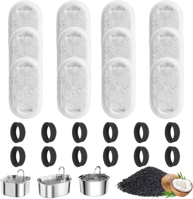 Detalle de KOMABLEN 24 filtri di ricambio per fontanella per gatti (12 filtri carbone attivo + 12 spugne in schiuma)