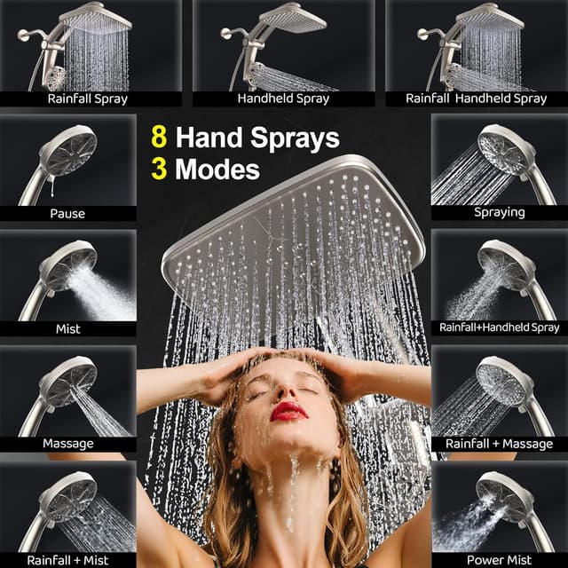 Detalle 2 de Magnetic Dual Rain Shower Head Combo with Handheld High-Pressure Sprayer, Adjustable Angle Stand Dock & 12-Inch Square Rain Head