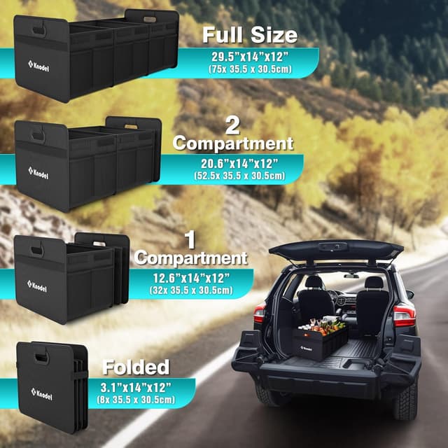 Detalle 2 de K KNODEL Car Trunk Organizer (Foldable) with 3 Compartments, Reinforced Handles, Large Black