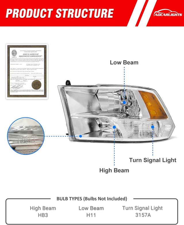 Detalle 2 de ADCARLIGHTS Headlight Assembly Replacement for 2010–2018 Dodge Ram (Chrome Housing, Amber Reflector)