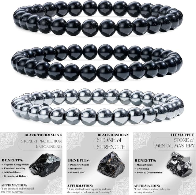 Detalle de Bivei set 3 bracciali con pietre naturali: turmalina nera, ossidiana nera e ematite (3 pezzi, elastico)