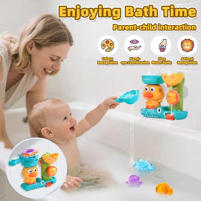 Detalle 2 de Badewannenspielzeug für Babys ab 1 Jahr – Badespielzeug mit Ente/Löwe, Wasserrad und Saugnäpfen (3 Saugnäpfe, 3 Stapelbecher, Löffel)