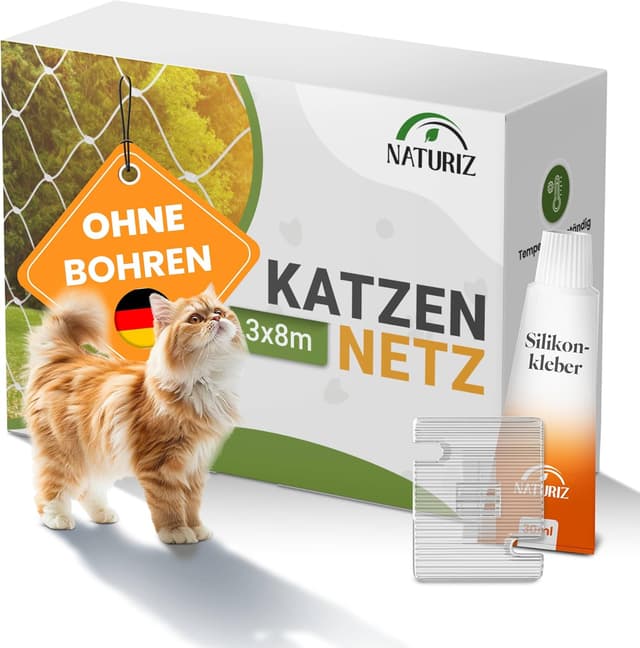 Detalle de Naturiz® Katzennetz für Balkon ohne Bohren (transparent) – inkl. Klebehaken & Silikonkleber, 3x8 m