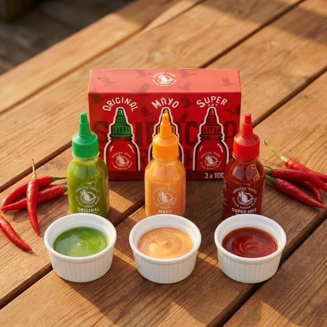 Detalle 2 de Flying Goose Sriracha scharfe Chilisaucen-Mischkarton (3 x 100 ml) als Probierpaket in 3 Geschmacksrichtungen