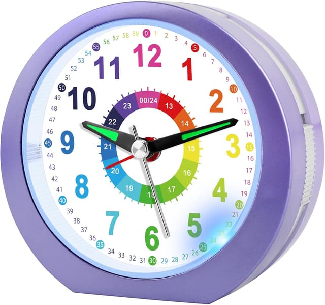 Detalle de Ayybboo Kinderwecker ohne Ticken mit Snooze und Nachtlicht – analoger Quarzwecker für Kinder (Lavendel)