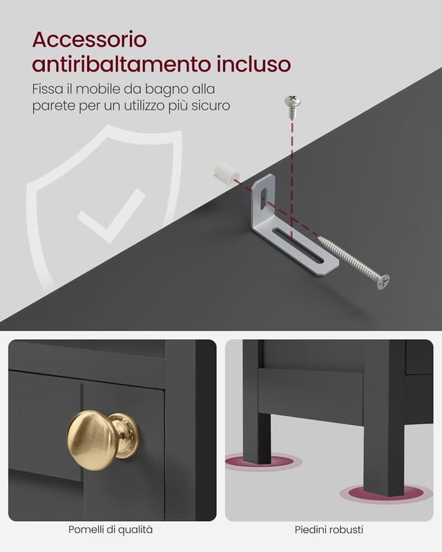 Thumbnail 6 de VASAGLE Mobile da bagno a colonna con luce BBK566BC01, nero inchiostro, 30 cm