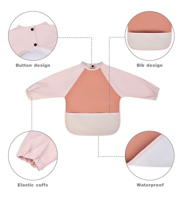 Detalle de Vicloon Baby-Lätzchen mit langen Ärmeln (wasserdicht) und Tasche – Braun, für 6–12 Monate